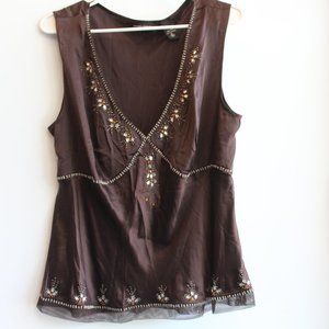 New York & Co. Dark Brown Sleeveless V-Neck Silk Top with Beaded/Jewel Trim